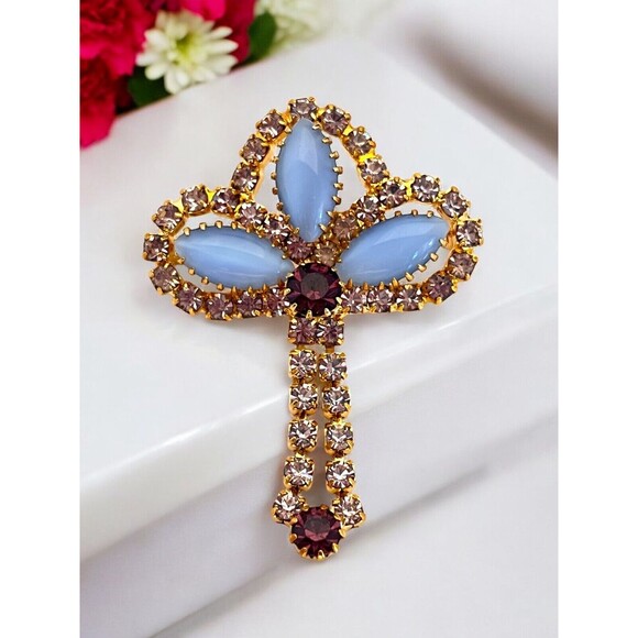 Vintage Brooch & Earring Set Rhinestones Blue Purple Demi-Parure MCM 11I - Picture 8 of 12